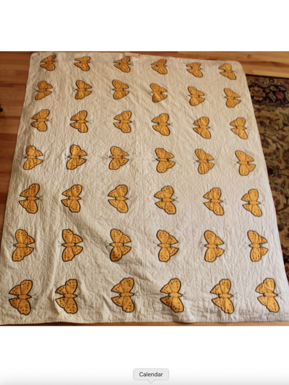 1970's White Handmade Quilt with Yellow Butterfly Appliques